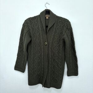 Inis Crafts Womens Merino Wool Cardigan Size L Chunky Cable Knit Sweater Ireland